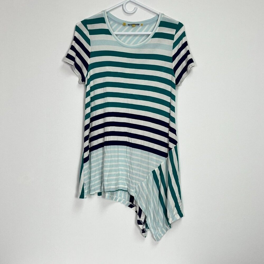 Little Yellow Button Women Striped Asymmetrical T-Shirt Tunic Medium Green White
